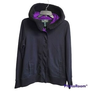 Lauren Ralph Lauren Active Black Full Zip Snap Button Sherpa Lined Hooded Jacket